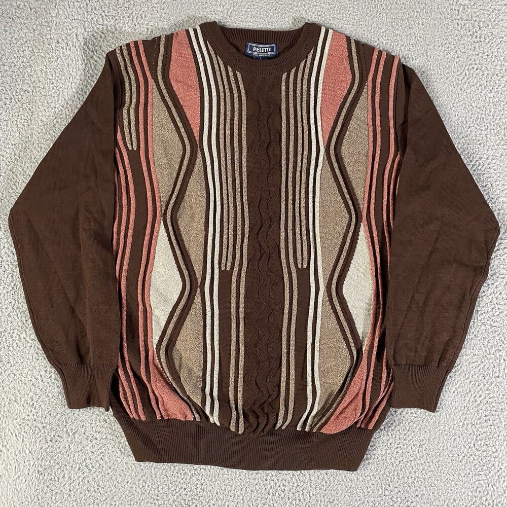 Vintage Peletti Sweater Mens Large Brown 3D Knit Quiet Luxury Old Money Grandpa